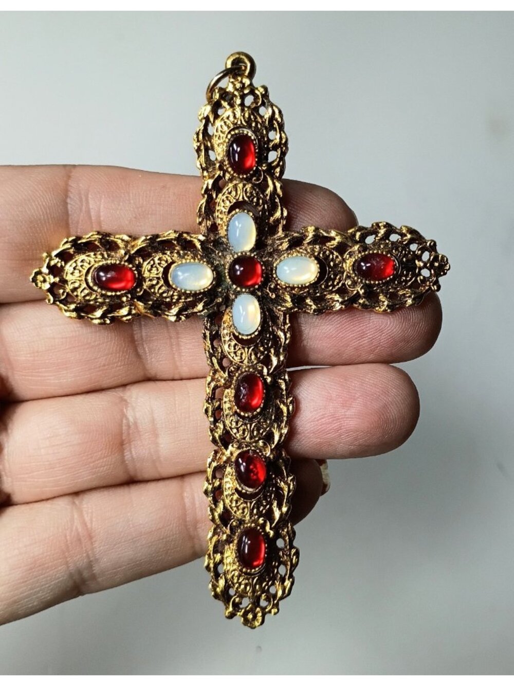 Celebrity Gold Tone Faux Jeweled Cross Pendant Ornate Religious Renaissance
